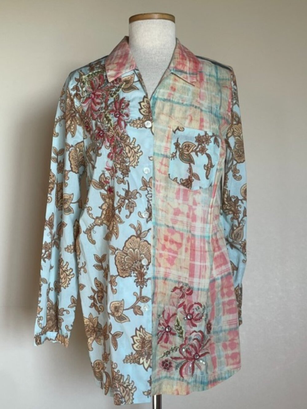 Soft Surroundings Multi Print Descansa Embellished Shirt Blouse size L